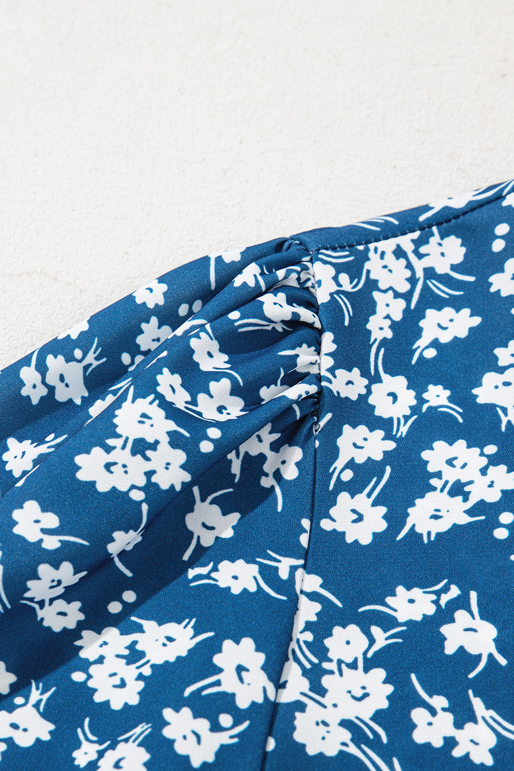 Blue Ditsy Floral Print Lantern Sleeve Blouse