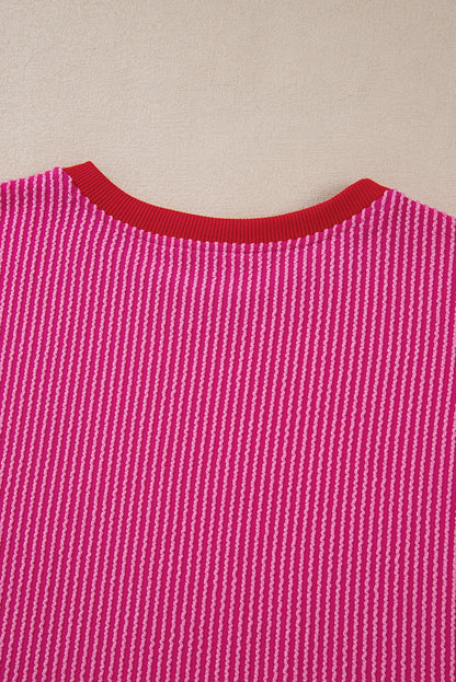 Bright Pink Corded Contrast Edge Drop Shoulder Long Sleeve Top