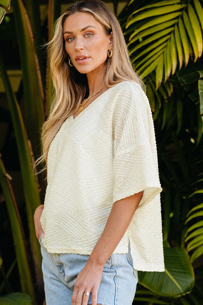 Beige V-Neck Textured Split Hem Oversized Top