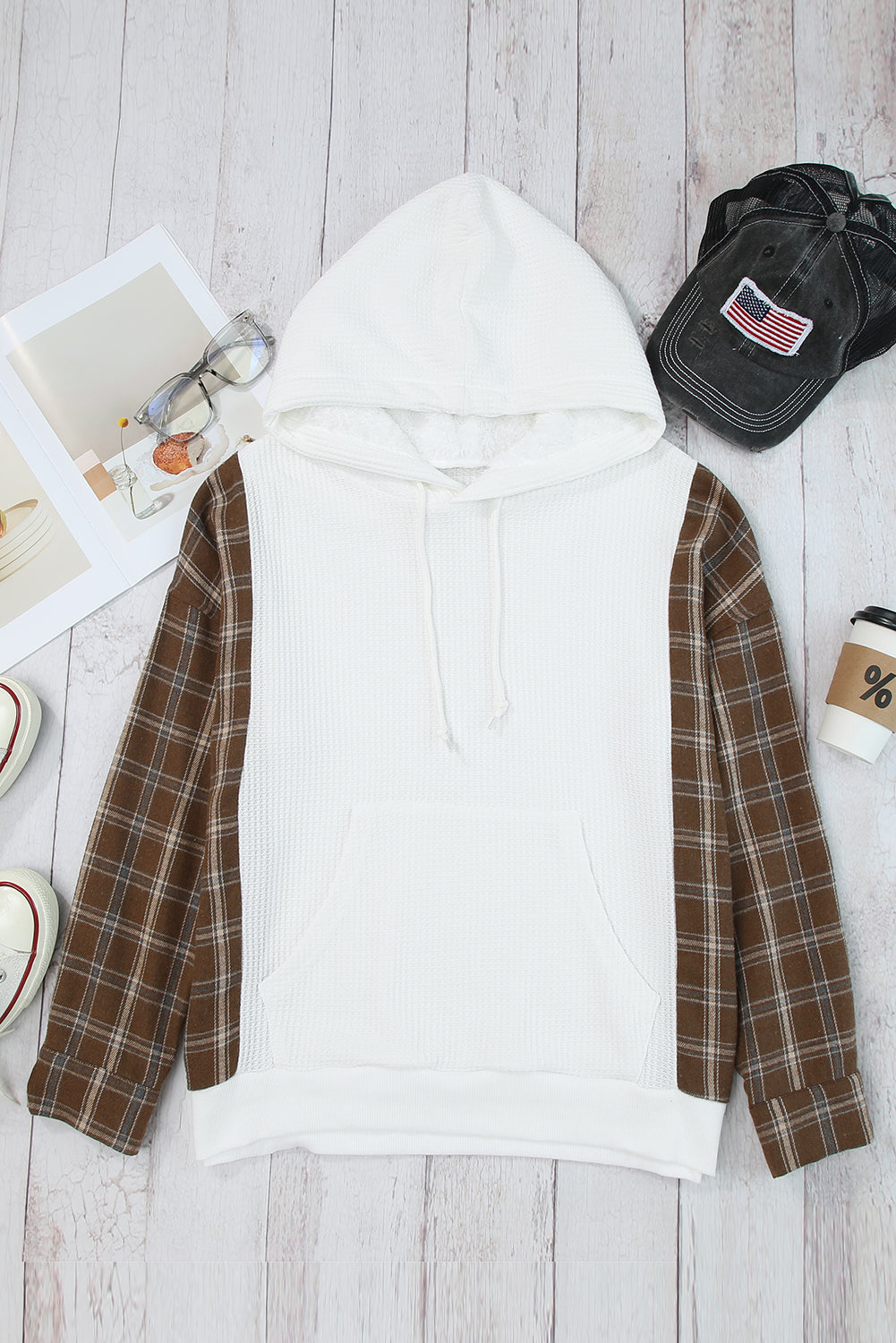 White Waffle Patch Plaid Sleeve Kangaroo Pocket Hoodie