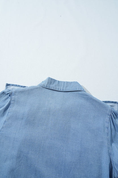 Myosotis Ruffled Shirred Cuffs Button up Chambray Shirt