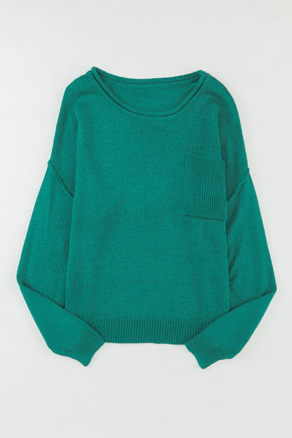 Green Solid Color Off Shoulder Rib Knit Sweater with Pocket