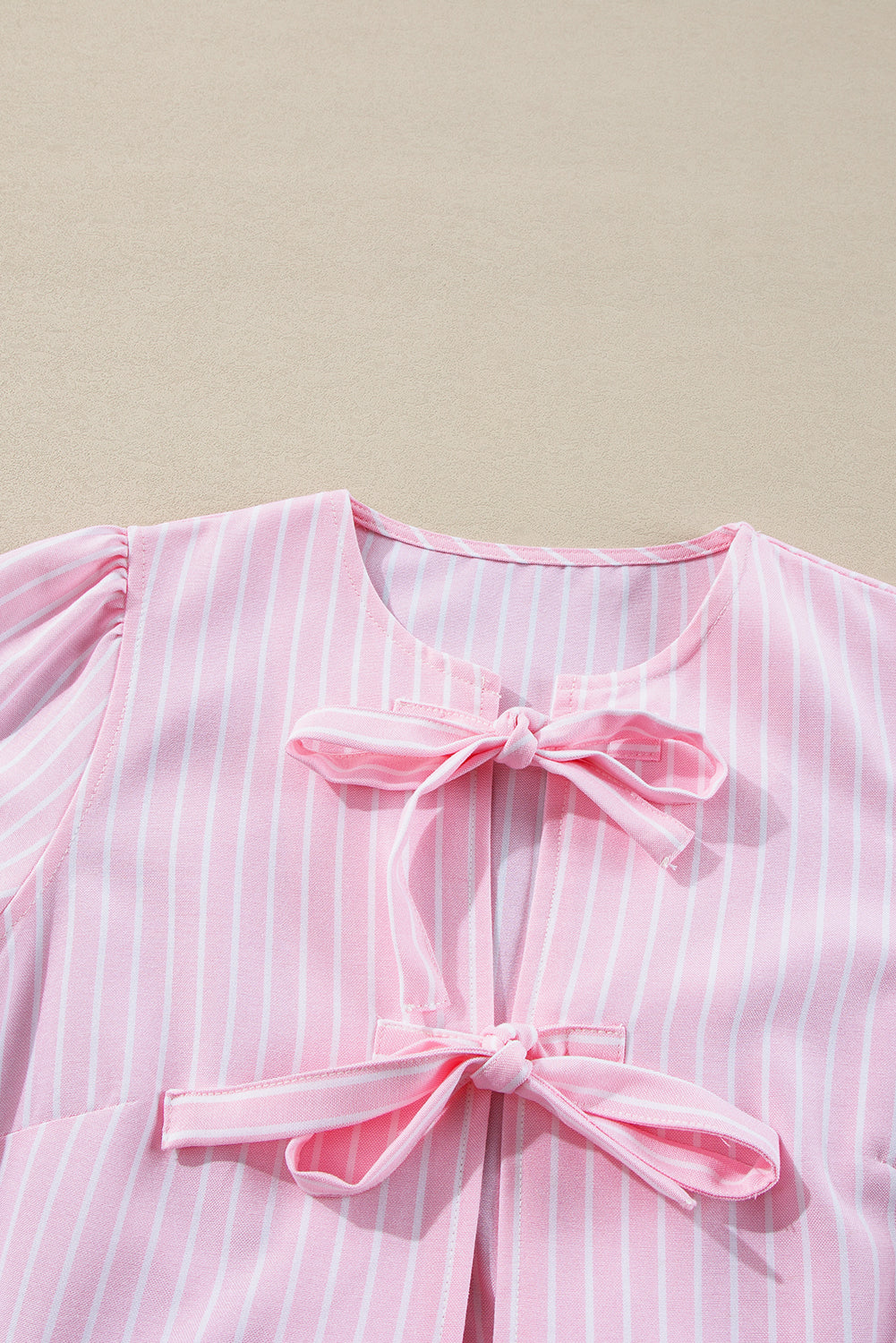 Pink Stripe Bowknot Front Crew Neck Puff Sleeve Blouse