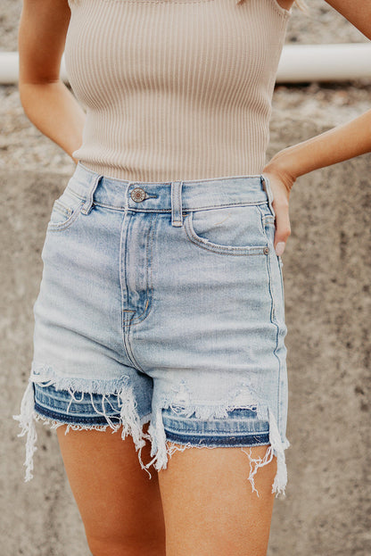 Light Blue Vintage Washed Raw Edge Jean Shorts