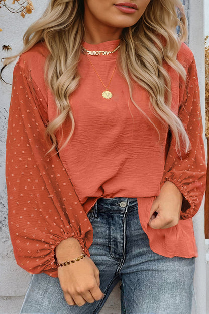 Russet Orange Swiss Dot Balloon Sleeve Loose Blouse