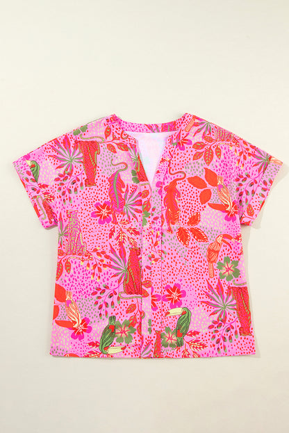 Rose Jungle Floral Print Notch V Neck Blouse