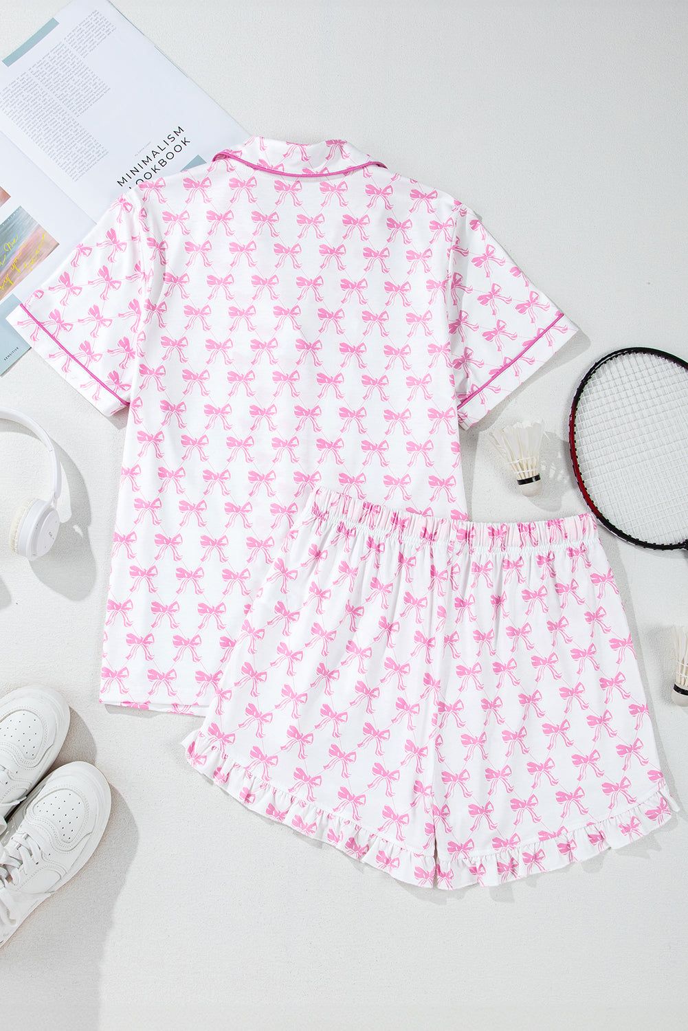 Pink Bowknot Printed Short Sleeve and Ruffled Shorts Valentines Pajama Set