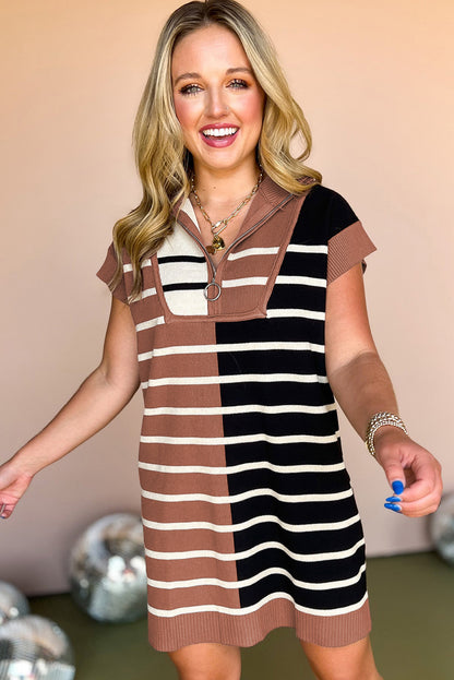 Black Stripe Color Block Quarter Zip Collar Short Sleeve Sweater Dress