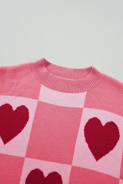 Pink Plus Size Love Heart Block Mock Neck Lantern Sleeve Valentine Sweater