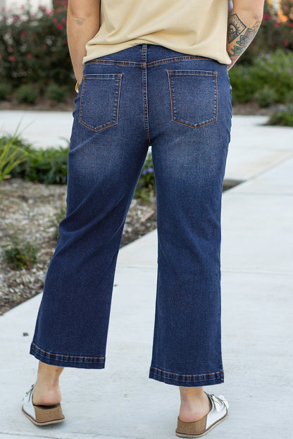 Navy Blue Plus Size Seamed Wide Leg High Waist Jeans