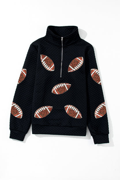 Black Sequin Rugby Football Patched Quarter Zip Textured Sweatshirt