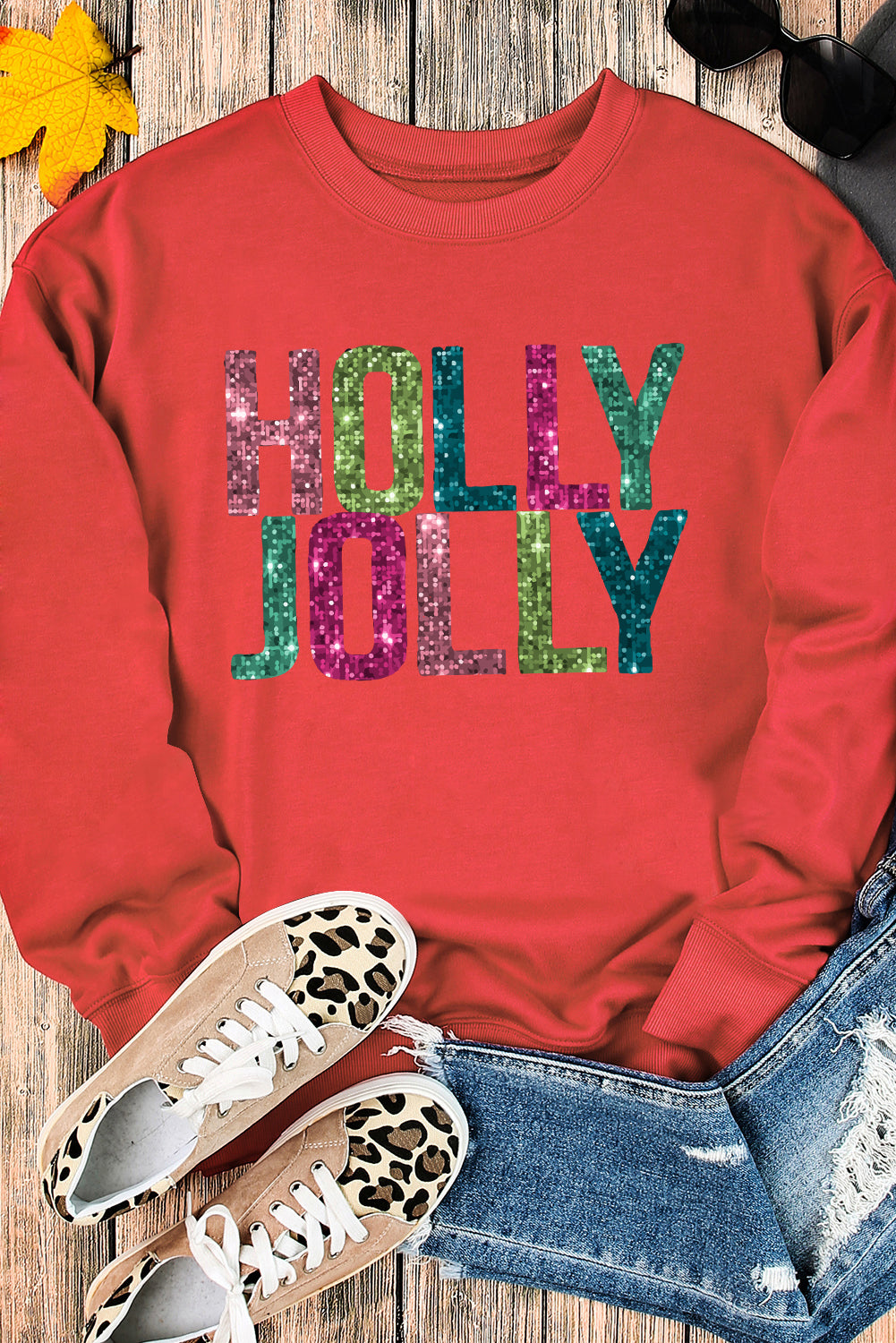 Red Heat Transfer HOLLY JOLLY Printing Christmas Pullover Sweatshirt