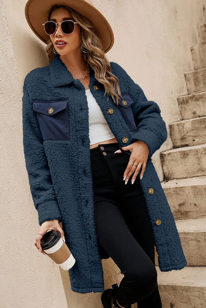 Blue Contrast Flap Pocket Single Breasted Teddy Coat