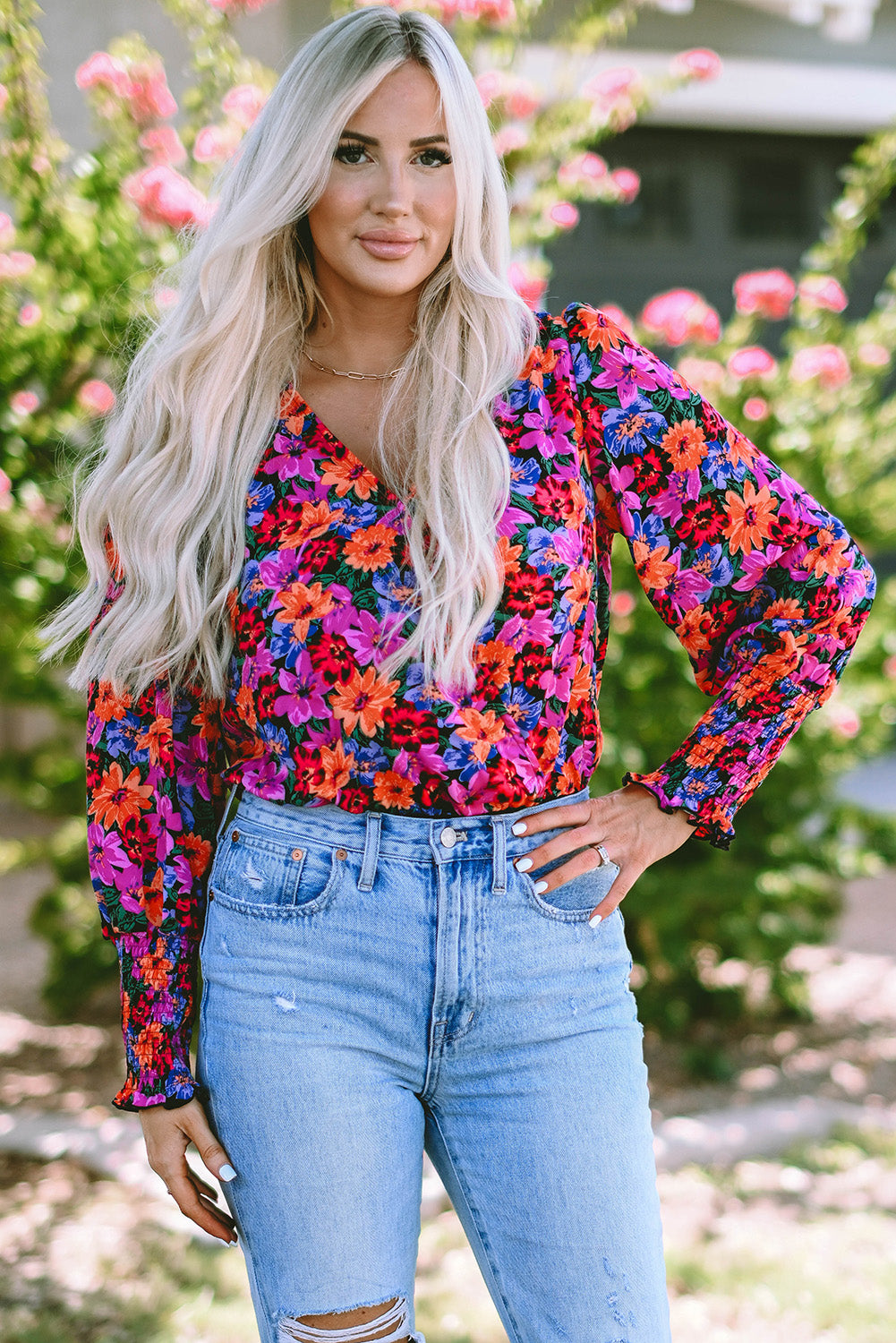 Floral Print Wrap V Neck Long Sleeve Bodysuit