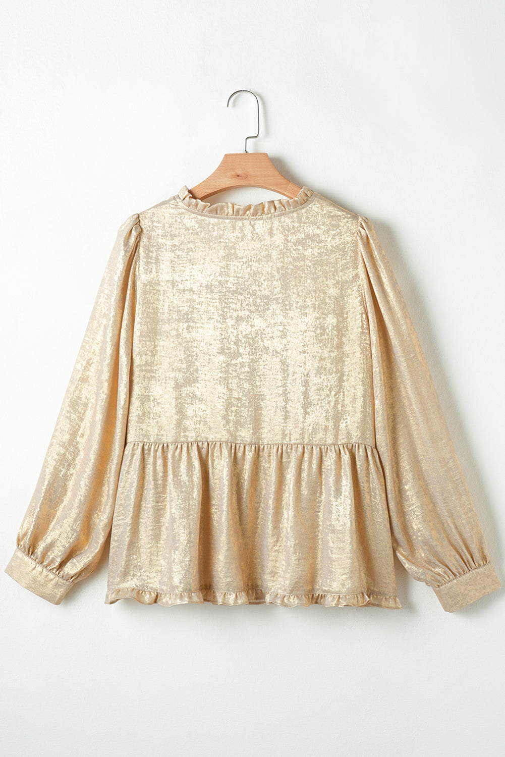 Gold Metallic Frilled V-Neck Puff Sleeve Babydoll Blouse