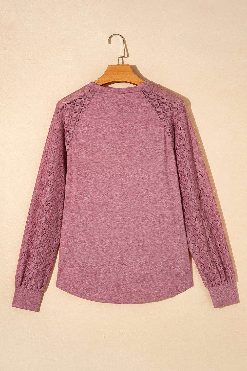 Rose Pink Contrast Lace Raglan Sleeve Plicate Round Neck Top