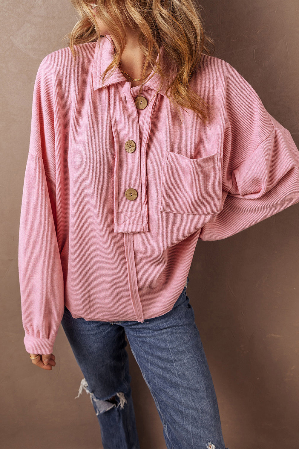 Pink Ribbed Knit Collared Henley Top with Chest Pocket