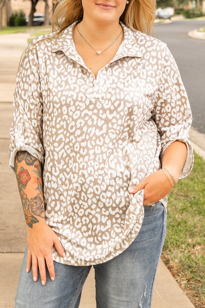 Apricot Leopard Tab Sleeve V Neck Plus Size Top