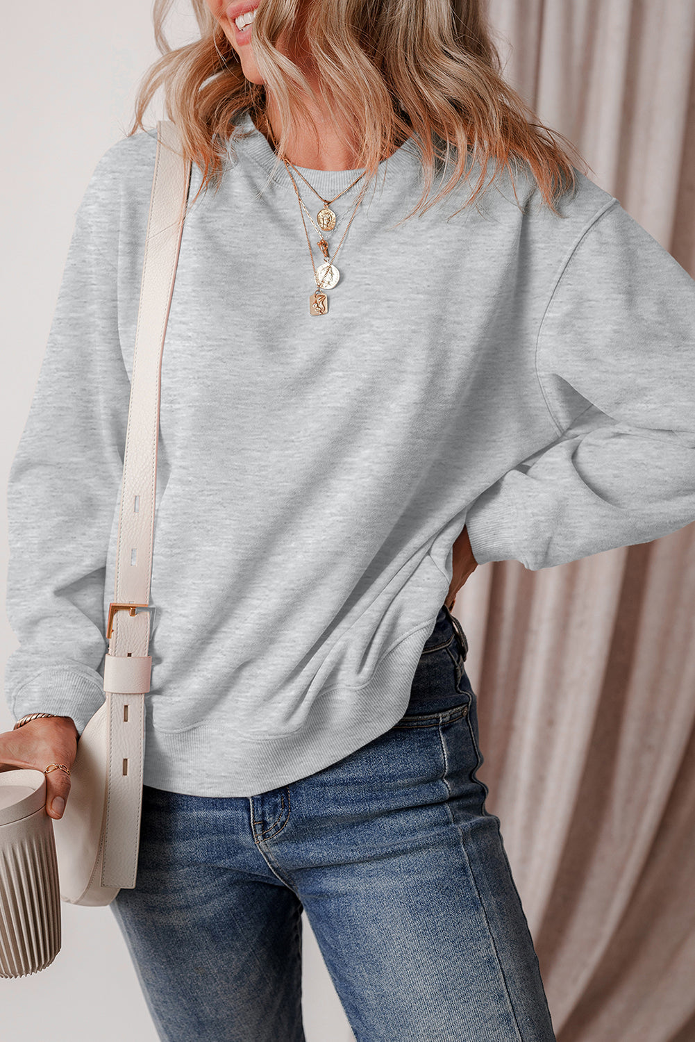 Gray Solid Fleece Lined Drop Shoulder Terry Sweatshirt