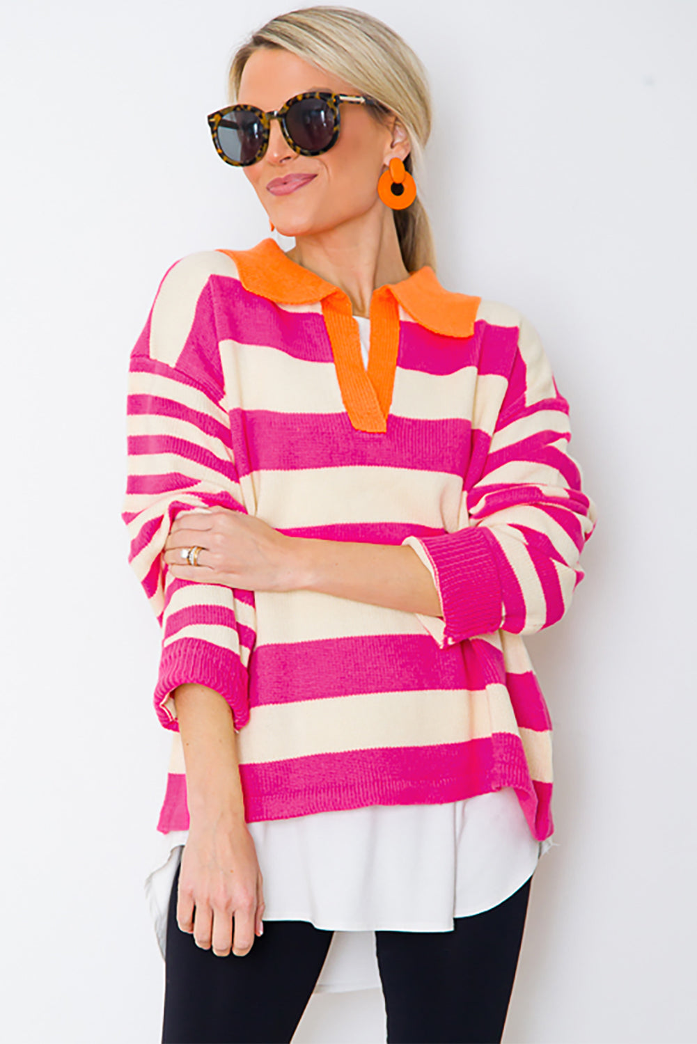 Rose Stripe Color Block Collared V Neck Drop Shoulder Sweater