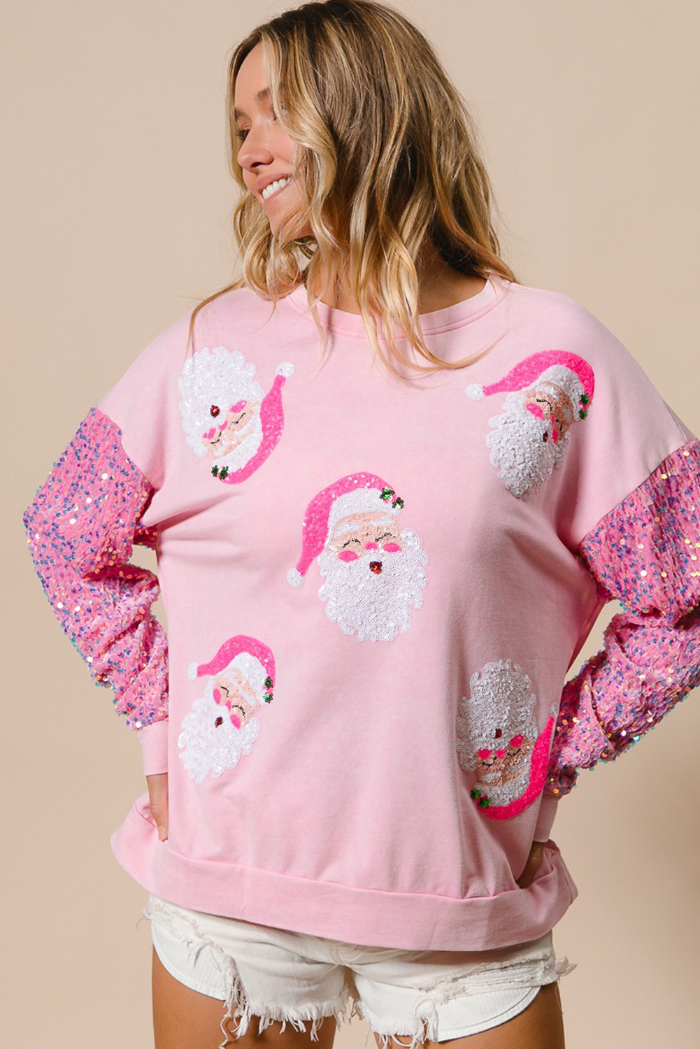 Pink Sequined Santa Claus Long Sleeve Christmas Sweatshirt