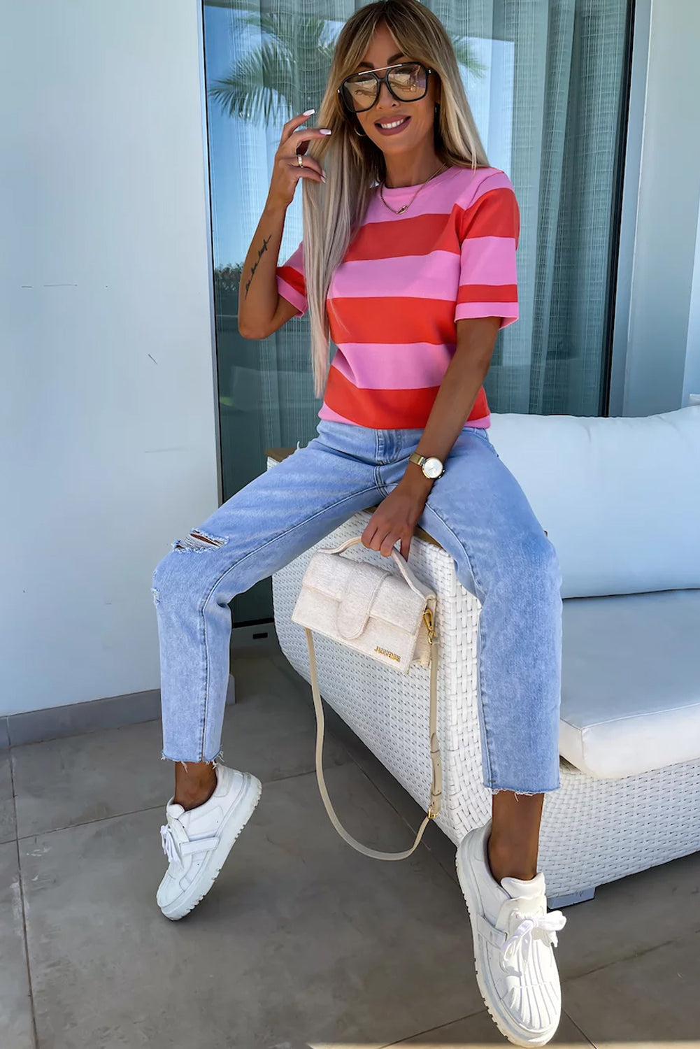 Bright Pink Colorblock Striped Knitted T-Shirt