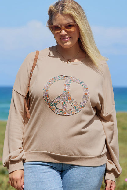 Pale Khaki Floral Peace Sign Graphic Washed Terry Plus Size Sweatshirt