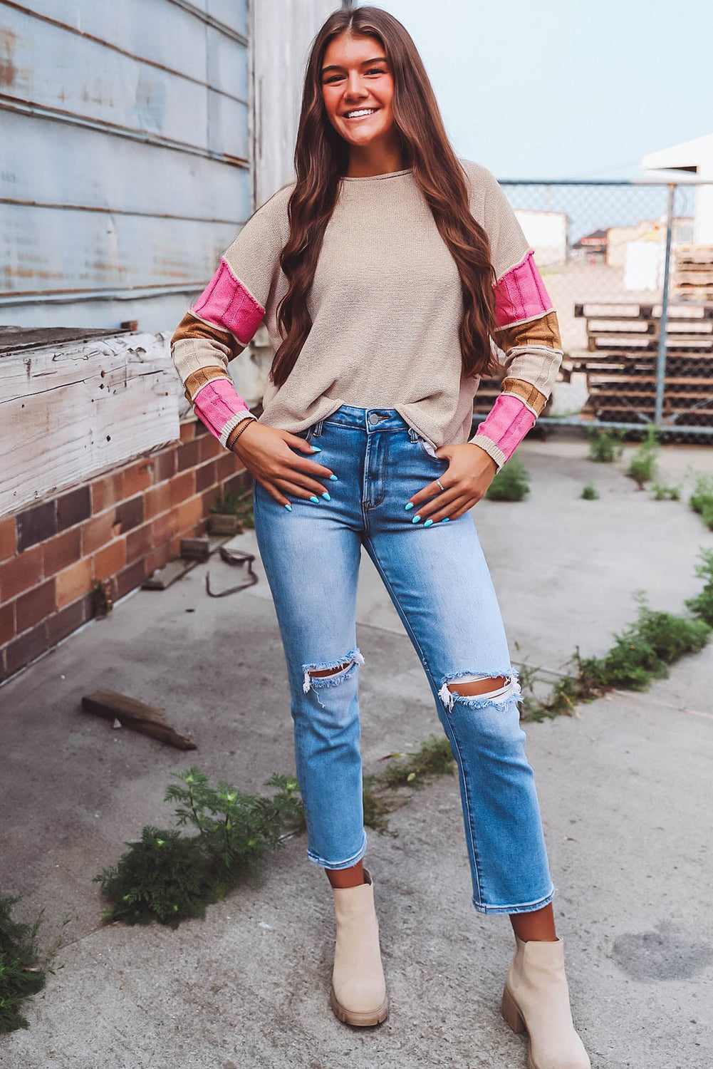 Simply Taupe Colorblock Exposed Seam Round Neck Sweater