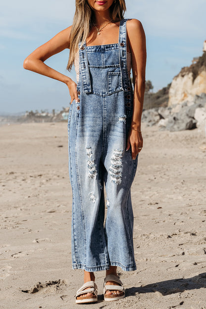 Stone Blue Distressed Bib Pocket Wide Leg Denim Overall