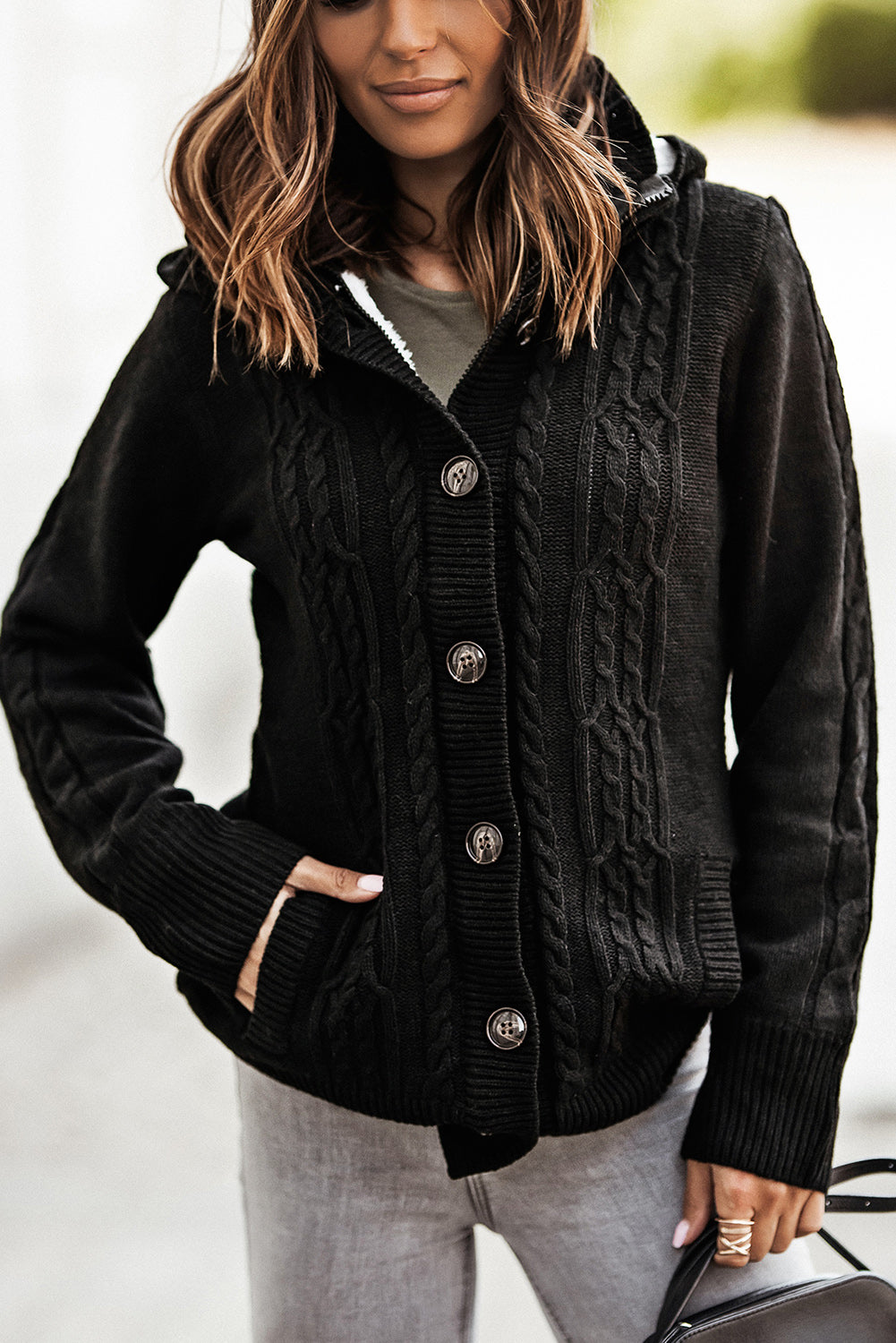 Black Long Sleeve Button-up Hooded Cardigans