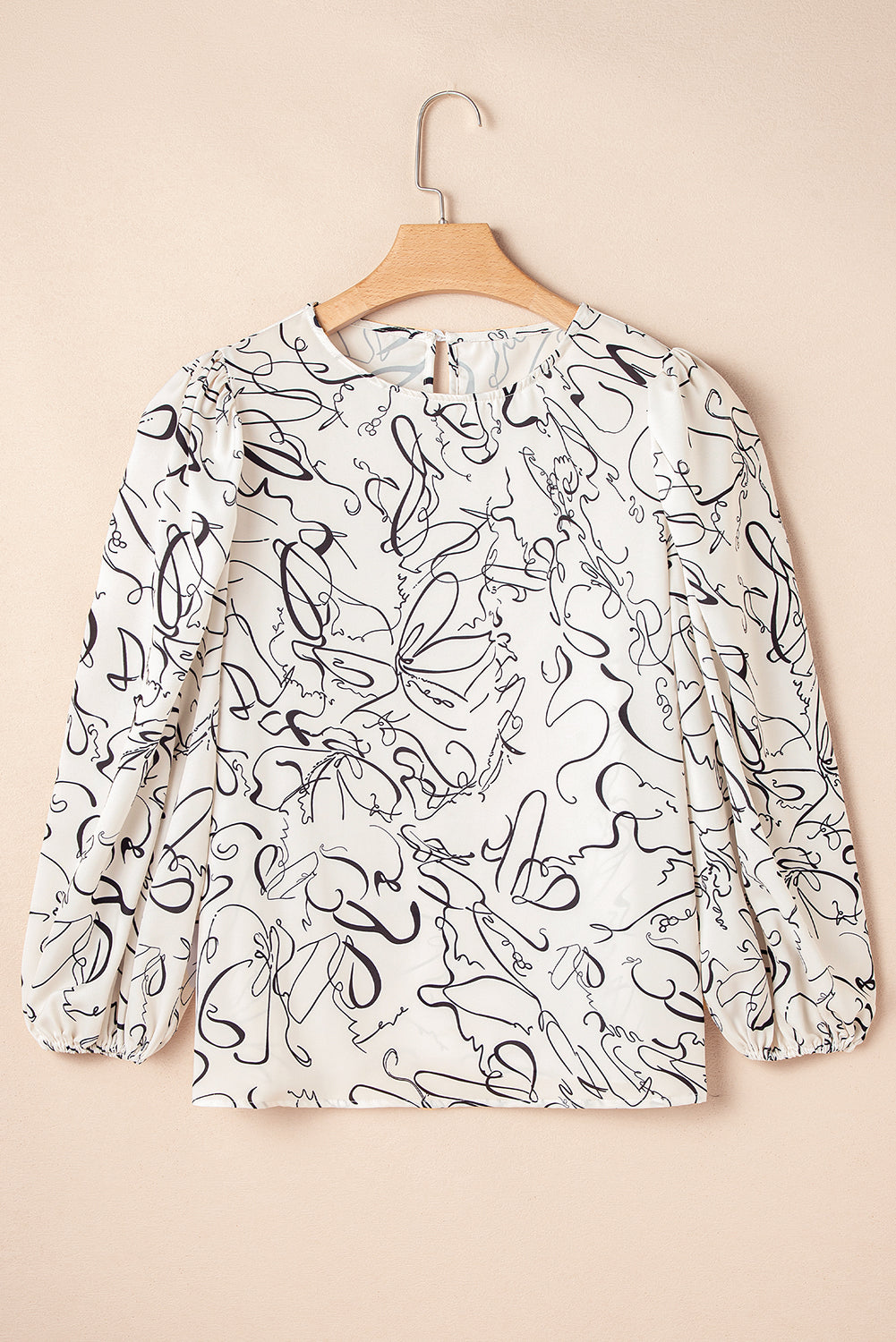 Beige Abstract Print Balloon Sleeve Crew Neck Blouse