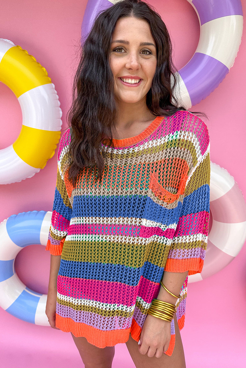 Orange Stripe Colorblock Hollowed Crochet 3/4 Sleeve Sweater