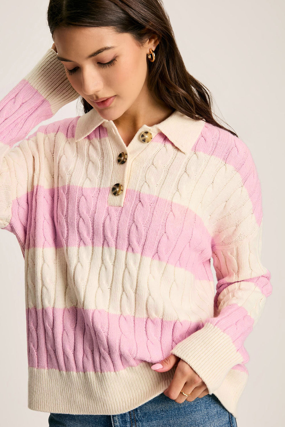 Pink Stripe Cable Knit Collared Henley Sweater