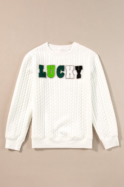 White LUCKY Chenille Embroidered Cable Knit Pullover Sweatshirt