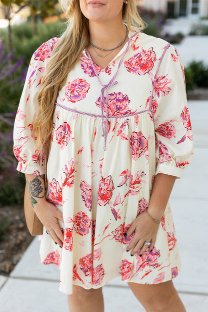 White Floral Print Lace up V Neck Balloon Sleeve Plus Size Shift Mini Dress