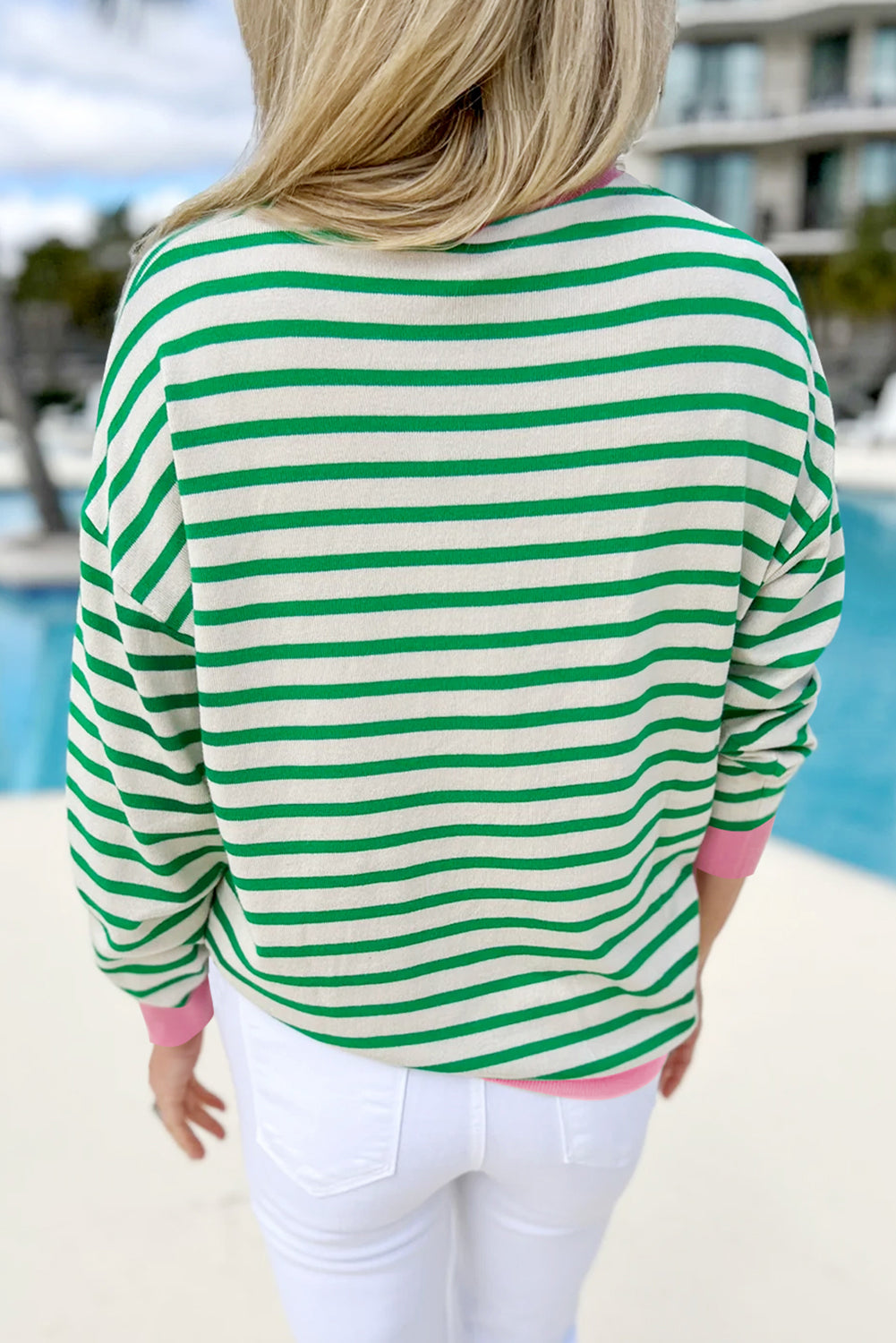 Bright Green Striped Contrast Edge Long Sleeve Top