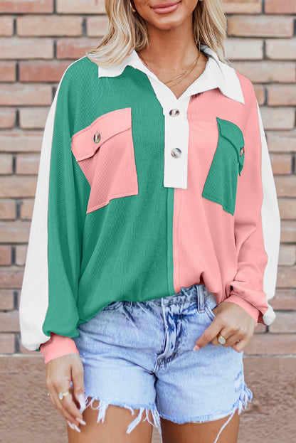 Pink Colorblock Ribbed Collared Oversized Sweatshirt