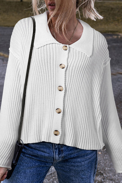 White Collared Button-up Loose Fit Casual Cardigan Sweatshirt