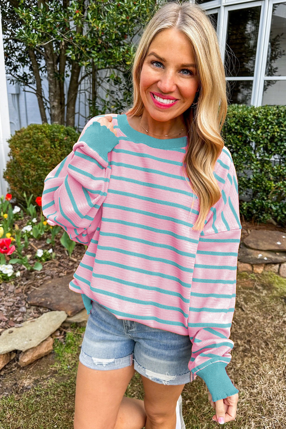 Pink Stripe Trimmed Round Neck Drop Shoulder Loose Sweater