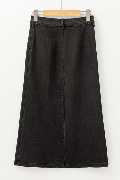 Black Button Fly Side Split High Waist Denim Midi Skirt