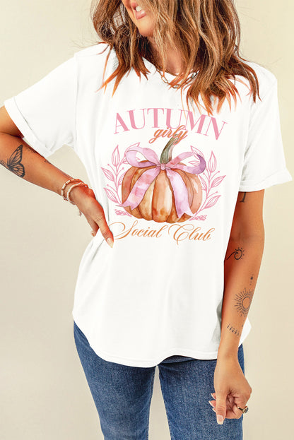 White Autumn Girly Thanksgiving Bowknot Pumpkin Graphic T Shirt