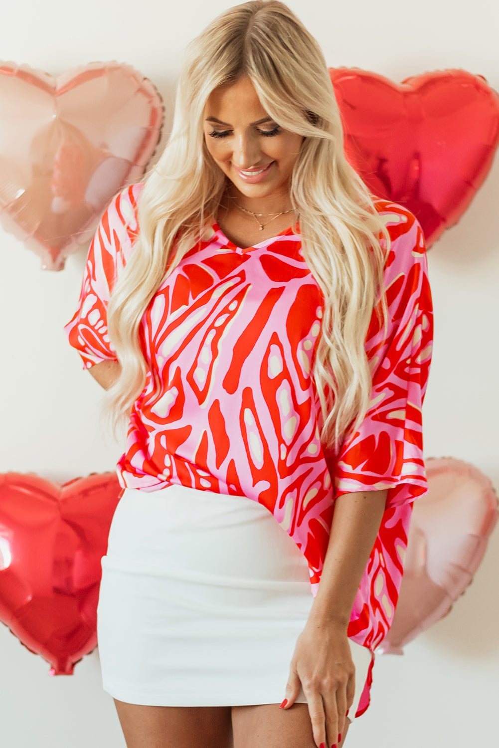 Red Abstract Print V Neck Batwing Sleeve Oversized Blouse