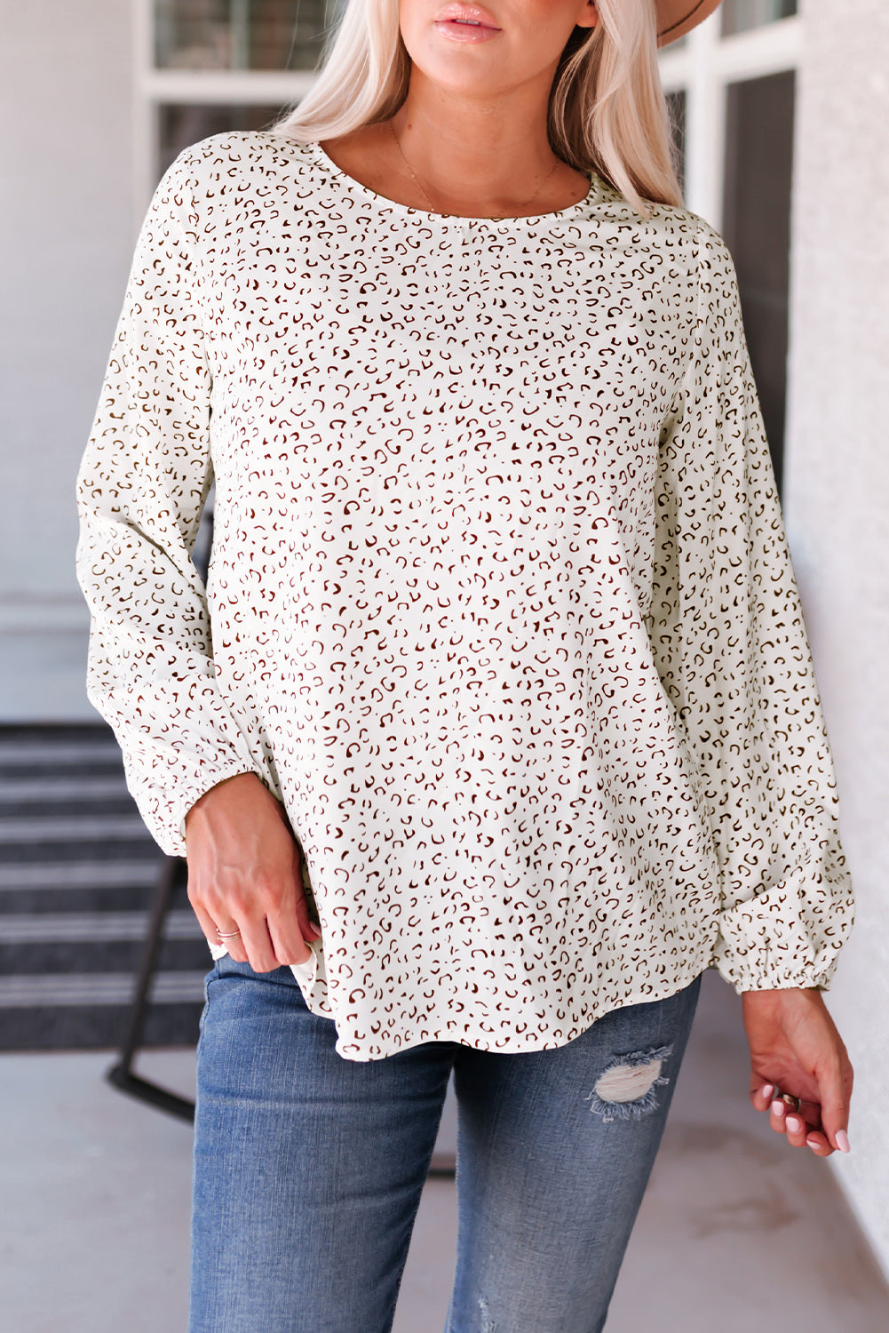 Leopard Crew Neck Long Sleeve Blouse