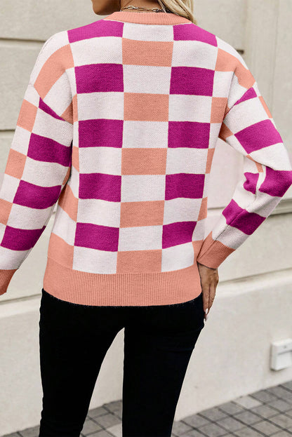 Pink Checkered Ribbed Edge O Neck Drop Shoulder Sweater