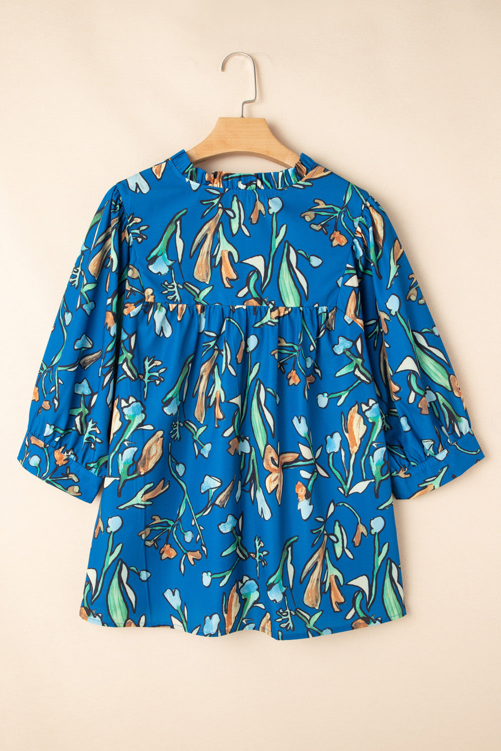 Blue Floral Notched V Neck Half Sleeve Plus Size Blouse