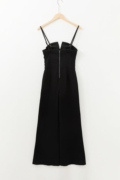 Black Seamed Zipper Spaghetti Strap High Waist Flared Jumpsuit