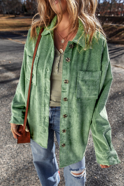 Mist Green Patched Pocket Button Up Corduroy Shacket