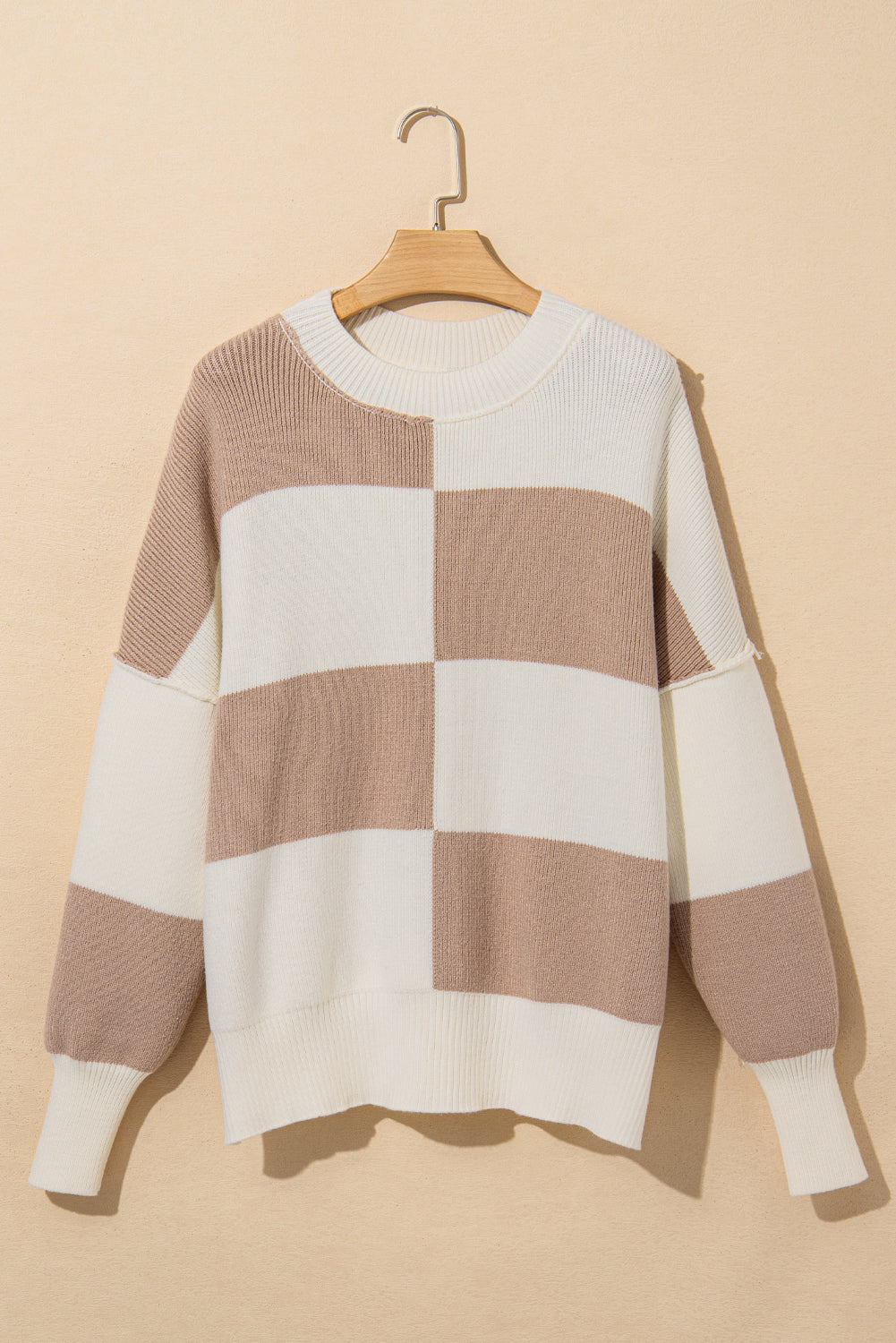 Khaki Checkered Side Slits Drop Shoulder Oversized Sweater