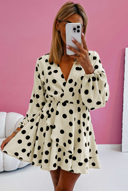 Beige Polka Dot Printed Surplice V-Neck Puff Sleeve Mini Dress