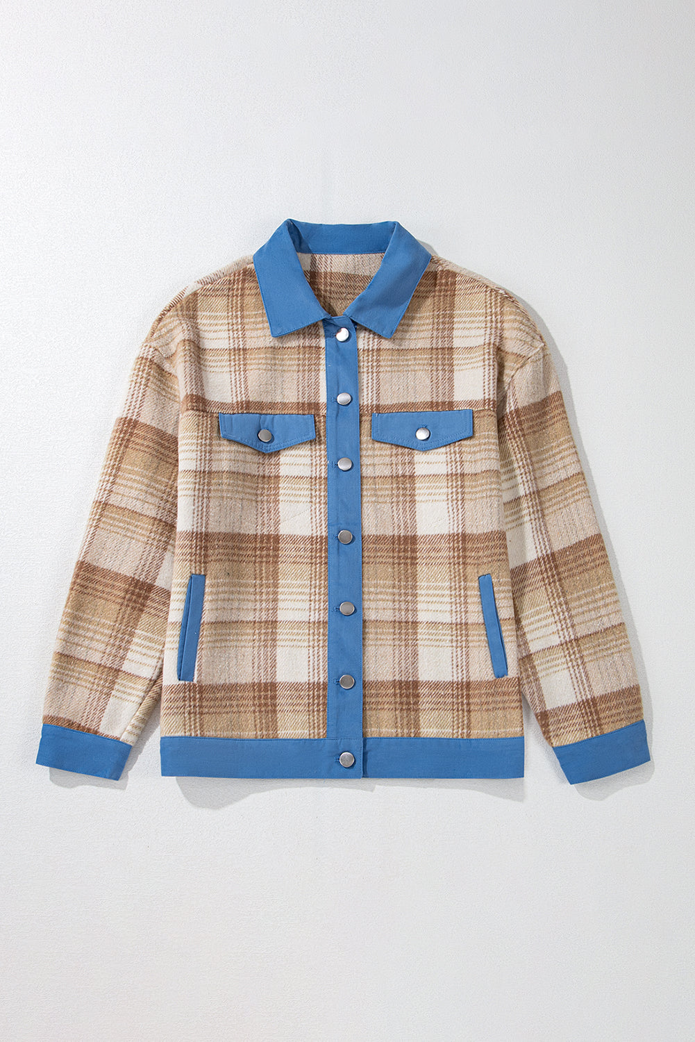 Light French Beige Plaid Patchwork Flap Detail Button Up Shacket